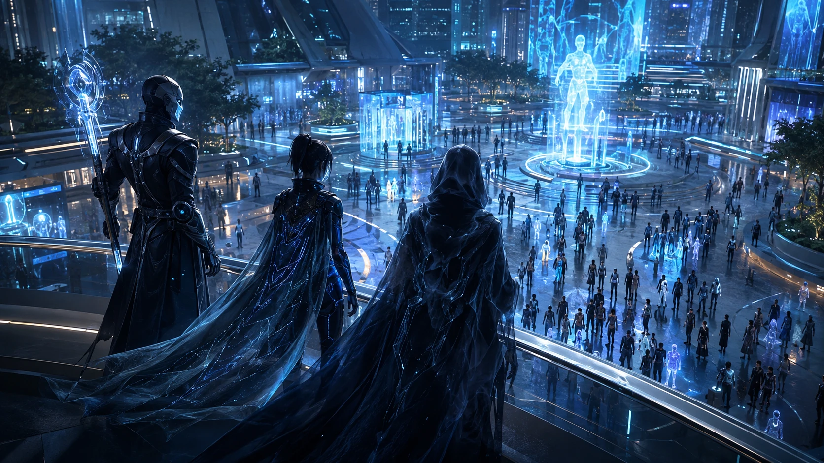 Seraphix, Nexis and Phantom overlooking a crowded corporate plaza